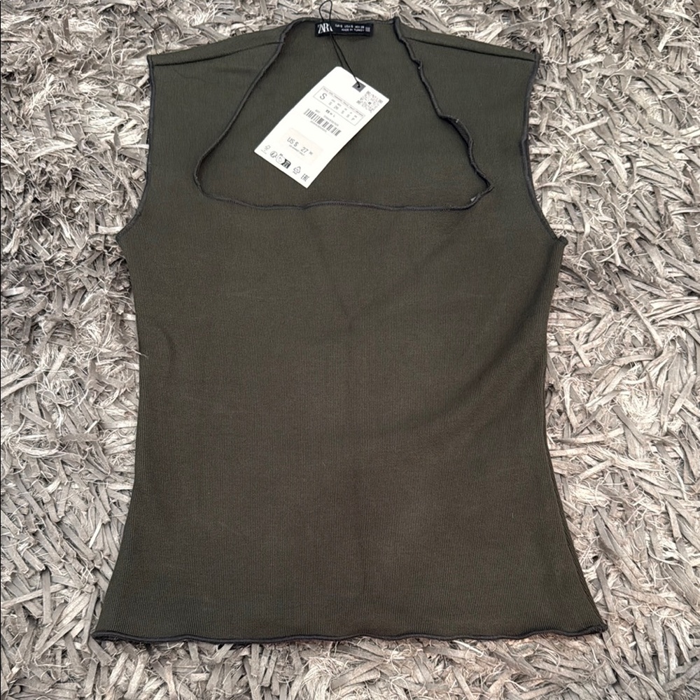 Zara Olive Green Ribbed Sleeveless Top
